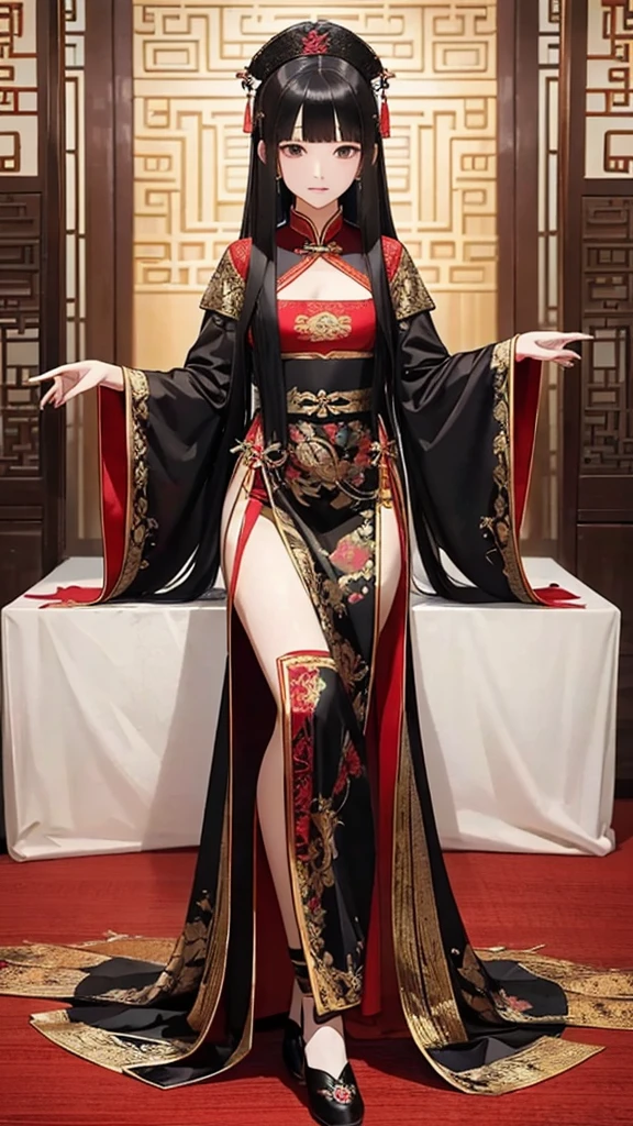 Black long straight hair imperial concubine costume embroidered shoes Chinese palace