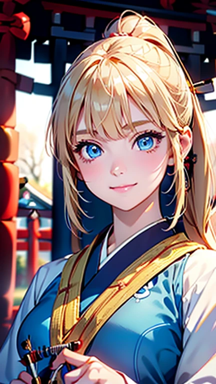 Best quality , masterpiece, Portrait、、Bright expression、ponytail、Young, shiny, white, glossy skin、Gloss Face、Shining Cheek Gloss、(Small Face Beauty:1.1)、The best beauty、The dazzling light of blonde hair、Bright blonde hair with dazzling highlights、Very beautiful shiny light blonde hair、super long silky straight hair、Her shiny, beautiful bangs are covering her eyes.、Sparkling, clear, attractive, bright, large, pale blue eyes、Very big eyes、eyeliner、very beautiful lovely cute 16 year old girl、Ample Bust, upper body , (smile) ,beautiful bangs are covering her eyes, ((((japanese archery uniform ))))