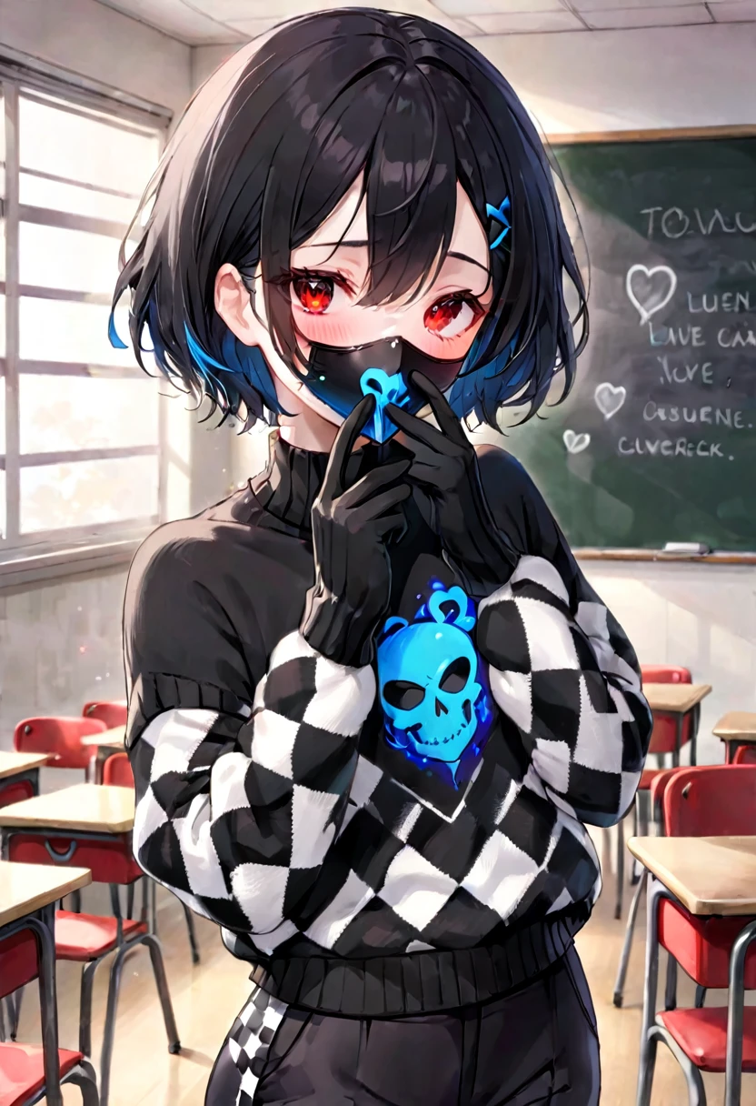 Woman with very white skin, red eyes and short black hair (like down to her jaw). She is slightly blushing, with a slightly embarrassed expression and putting her hands together to gesture a heart. She is wearing a black and white checkerboard sweater with a blue flaming skull printed and black and white sweater pants. She is also wearing black gloves, a black mask covering only her mouth and nose, and a black eye patch over her left eye. The background is an empty classroom, with some black hearts painted on the wall.