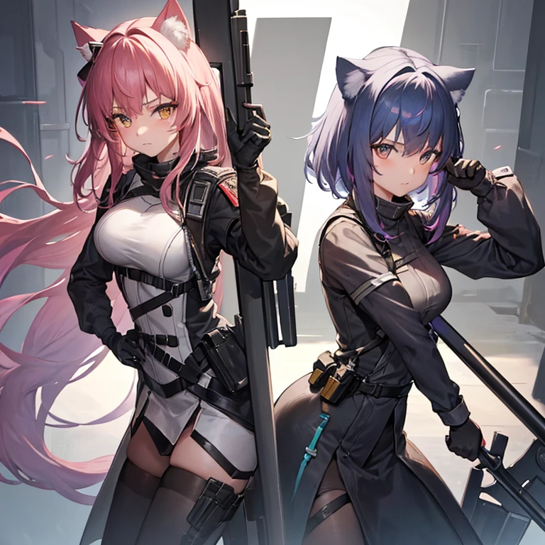 Need to create a single character image，The style is similar to the character portraits of the mobile game Arknights，Race is the film in the game，From the in-game country Victoria，Occupation is the intelligence unit of the country in the game Gray Hat。Age 18 years，Height 1.5 meters。She is a cat girl loli，The hair is pink，Petite and cute，But there is great power hidden under the dark uniform，Good appearance，There is a murderous atmosphere，But the walking posture is a bit silly。She wears combat gloves on both hands，Wearing a combat mask on his face，There is a grey top hat on his head，However, cat ears can be seen by people without being blocked.。The weapon you hold can be either melee or ranged.。