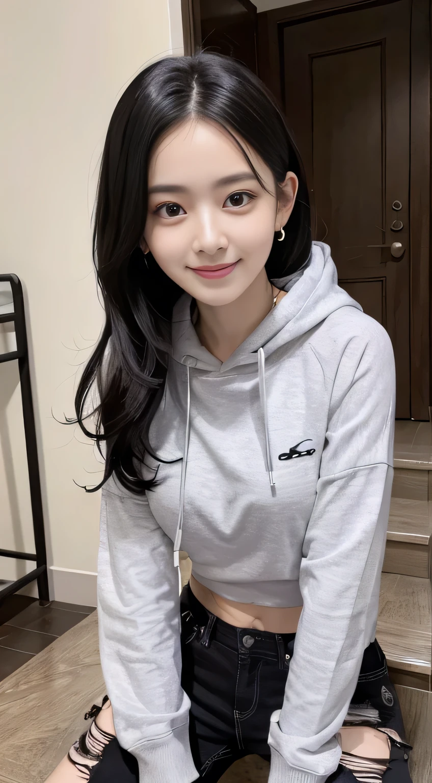 highest quality、8K、Clear Beauty、smile、hoodie、Black Hair、Chest、Ear piercing、
Stairs in the background