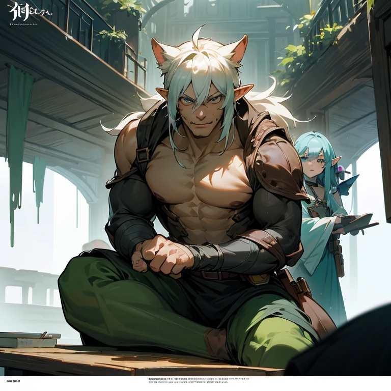 There are orcs and armed thugs causing trouble. There are armed thugs making trouble. A group of anime characters, various anthropomorphic animals, including catgirls and elves, are sitting around the table.,Enjoying food and drinks,The atmosphere is lively and lively。The roles have(Beautiful and delicate eyes,Beautiful and delicate lips,Extremely detailed eyes and face,Long eyelashes)。A character quickly fights orc thugs,They are depicted in popular anime style,Set in an otherworldly environment with fantasy elements。The scene resembles a still from the TV anime series,Captures moments of everyday life in the world of animation。 This work of art has(high quality:1.2、4k resolution、lifelike),Featuring ultra-detailed visuals,Exhibits complex design of characters and environments。