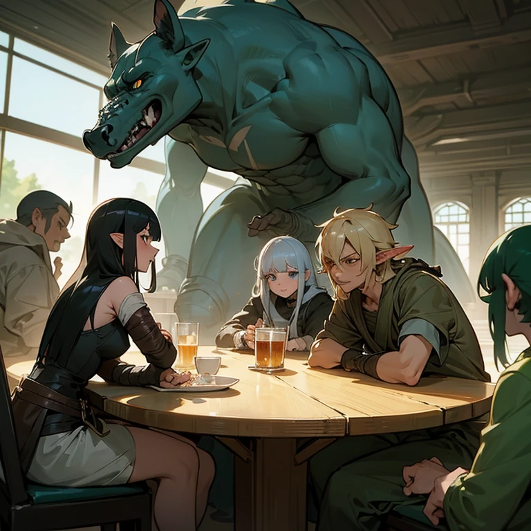 There are orcs and armed thugs causing trouble. There are armed thugs making trouble. A group of anime characters, various anthropomorphic animals, including catgirls and elves, are sitting around the table.,Enjoying food and drinks,The atmosphere is lively and lively。The roles have(Beautiful and delicate eyes,Beautiful and delicate lips,Extremely detailed eyes and face,Long eyelashes)。A character quickly fights orc thugs,They are depicted in popular anime style,Set in an otherworldly environment with fantasy elements。The scene resembles a still from the TV anime series,Captures moments of everyday life in the world of animation。 This work of art has(high quality:1.2、4k resolution、lifelike),Featuring ultra-detailed visuals,Exhibits complex design of characters and environments。