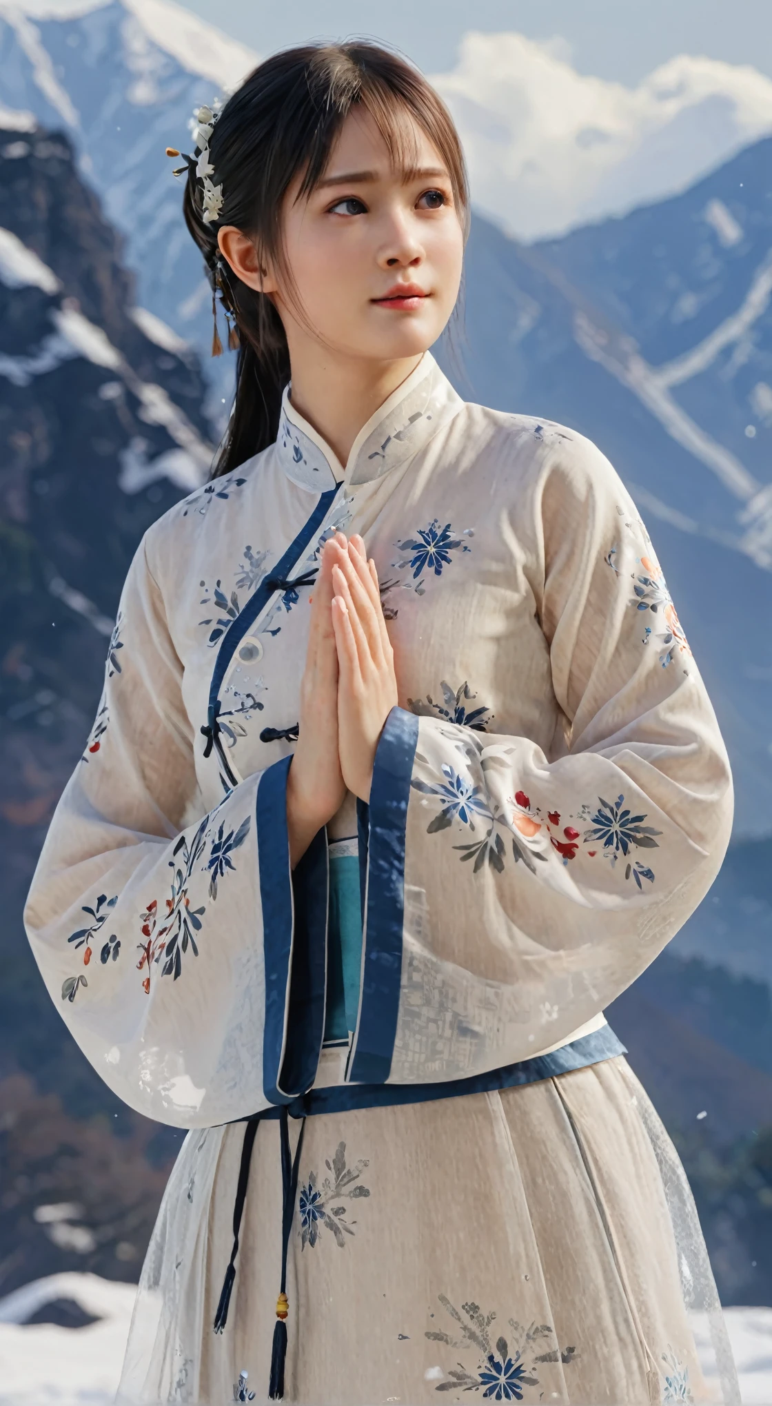 Movie Lighting, masterpiece, best quality, Very detailed, Clear focus, Dynamic Lighting, Bright colors, Texture Details, Particle Effects, Storytelling elements, Narrative talent, 16K, HDR, Subject-background isolation, 2D, (Realistic skin texture:1.3), traditional chinese ink painting,
1 girl, Perfect face, Perfect hands, clasps his hands together, White Chinese traditional (transparent:1.4) clothing, look up to the sky, Background is snow, Snowflakes falling,
ink,