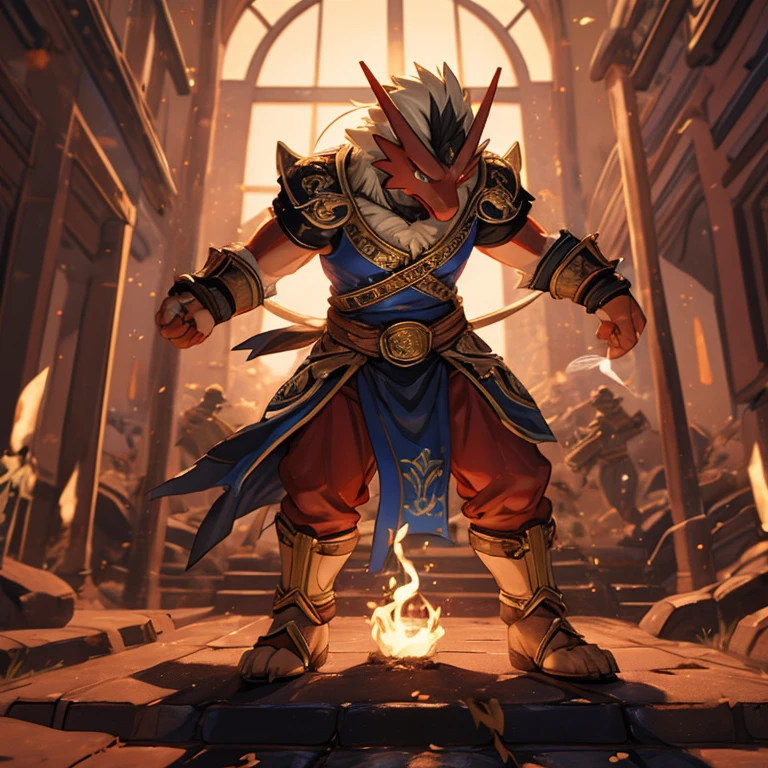 top quality, high-quality illustrations, the beautiful depiction of light seen in Vermeer's works, Landscapes inspired by biblical themes depicted by Leonardo da Vinci((masterpiece))absurdres, Perfect Anatomy, blaziken, full body, smoke, magic(Fighting Pose)((dramatic))epic, motion blur, depth of field, bokeh, 4k,
