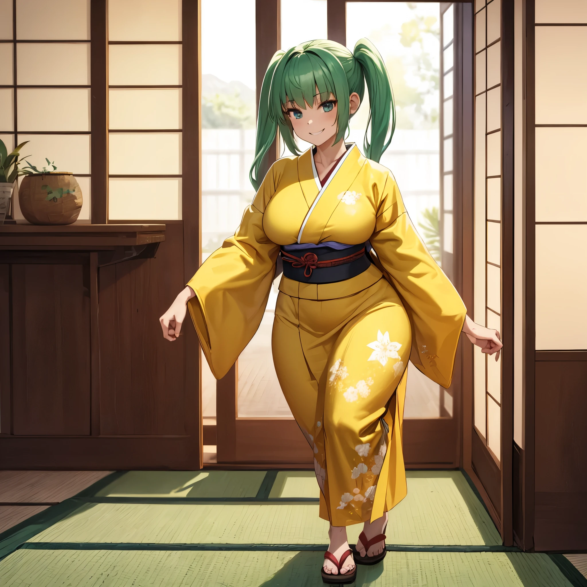 A woman wearing a yellow kimono with black details, long sleeves, weak green hair, pigtails, walking in a room of a Japanese house, smiling, big breasts, full body,.Surrealism, drop shadow, anaglyph, stereogram, tachi-e, pov, atmospheric perspective, 8k, super detail, ccurate, best quality, award winning, textured skin, highres, anatomically correct, (woman solo)

