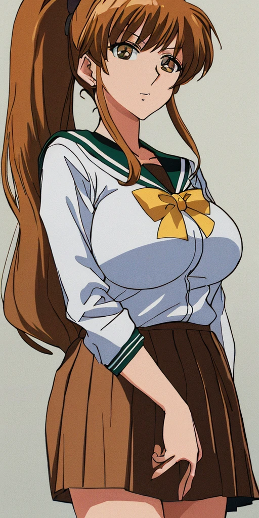 Tian Superior Yuan Asuka、Big Breasts、A woman with very large breasts、Anime Women、solo、Are standing、Long Hair、Blonde、Brown Eyes、School_uniform_Sailor clothes_white_shirt_Brown_Sailor_collar_Crossed_superior_Brown_skirt_Long sleeve、masterpiece、Highest_quality、detailed_face、detailed_eye、High resolution、beautiful、detailed、Absurd