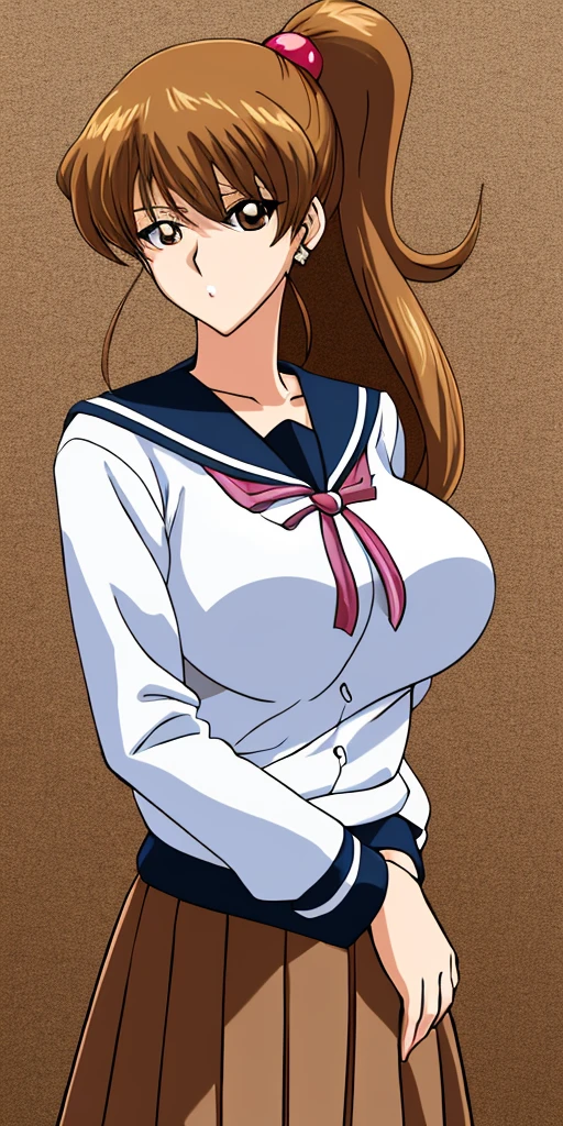 Tian Superior Yuan Asuka、Big Breasts、A woman with very large breasts、Anime Women、solo、Are standing、Long Hair、Blonde、Brown Eyes、School_uniform_Sailor clothes_white_shirt_Brown_Sailor_collar_Crossed_superior_Brown_skirt_Long sleeve、masterpiece、Highest_quality、detailed_face、detailed_eye、High resolution、beautiful、detailed、Absurd