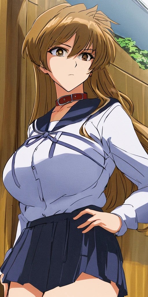 Tian Superior Yuan Asuka、Big Breasts、A woman with very large breasts、Anime Women、solo、Are standing、Long Hair、Blonde、Brown Eyes、School_uniform_Sailor clothes_white_shirt_Brown_Sailor_collar_Crossed_superior_Brown_skirt_Long sleeve、masterpiece、Highest_quality、detailed_face、detailed_eye、High resolution、beautiful、detailed、Absurd