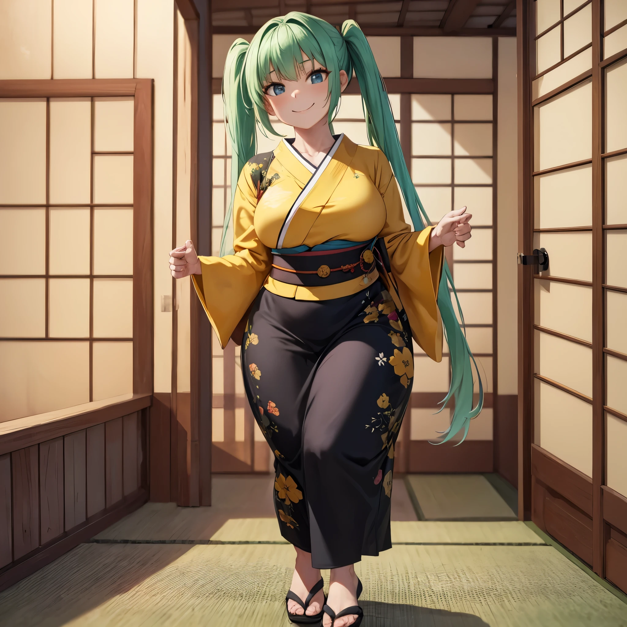 A woman wearing a yellow kimono with black details, long sleeves, weak green hair, pigtails, walking in a room of a Japanese house, smiling, big breasts, full body,.Surrealism, drop shadow, anaglyph, stereogram, tachi-e, pov, atmospheric perspective, 8k, super detail, ccurate, best quality, award winning, textured skin, highres, anatomically correct, (woman solo)

