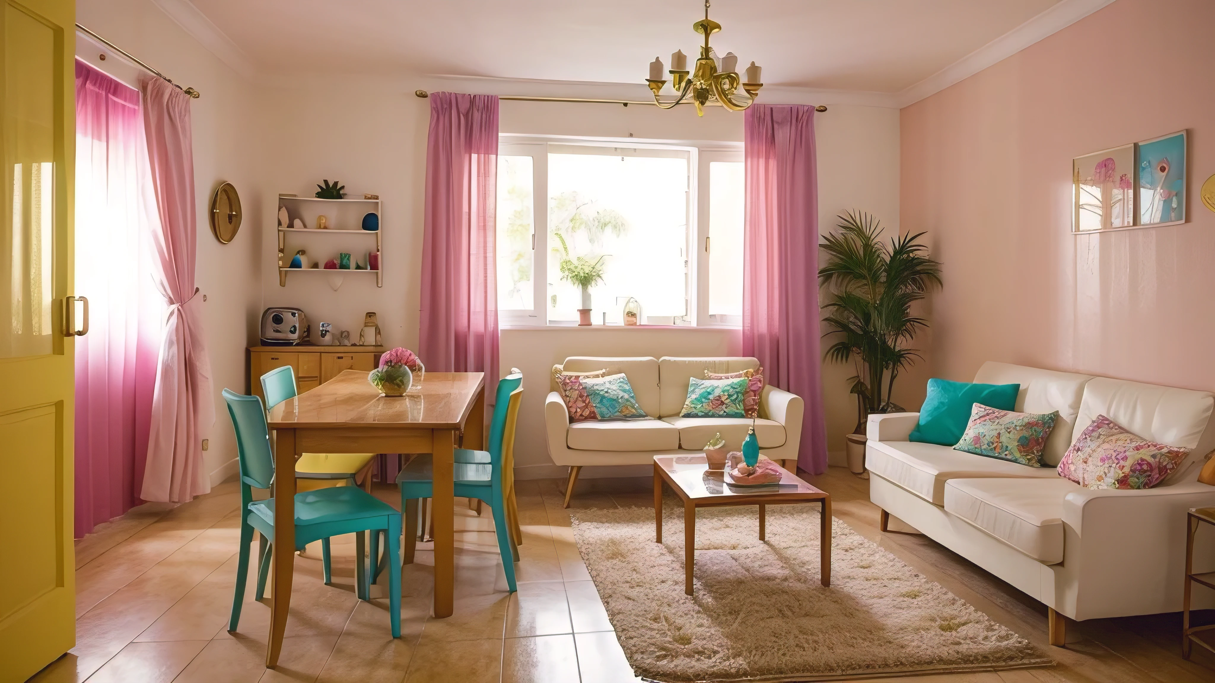 habitacion lujosa decorada estilo retro. decoracion muy detallada y hermosa. colores brillantes y una iluminacion perfecta