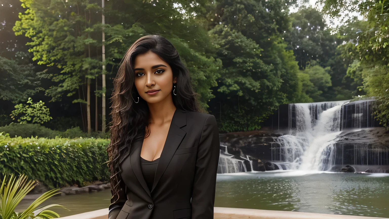 1  Indian adult female, long hair, curly hair, black hair color, smooth skin, brown eyes, To smile, vegetation, hour々, business woman style clothes, random , realist, With luxury restaurant background, 8k super realist, super detalhado e realist、front sexy look, underwear  in q big water falls 