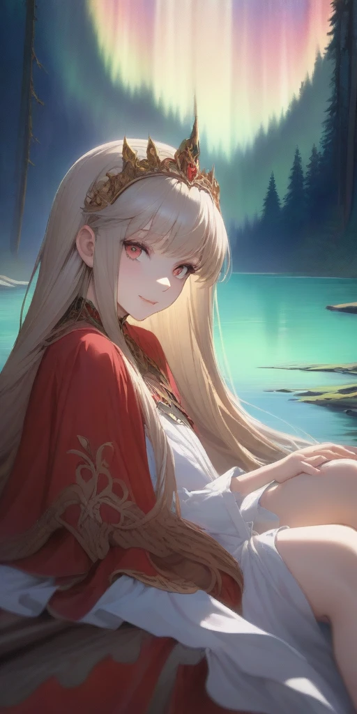 (masterpiece, best quality) (the empress:1.15) (art nouveau:1.2) (red cape) (red throne:1.12) (sunshine, sky, river, forest) (face focus, upper body) 1girl sitting, solo, platinum blonde, long hair, curtain, armored dress, queen dress, aurora expressionless, red eyes, very long hair, tiara, tiara, crossing legs, highly intricate details, realistic light, smile