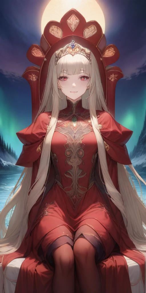 (masterpiece, best quality) (the empress:1.15) (art nouveau:1.2) (red cape) (red throne:1.12) (sunshine, sky, river, forest) (face focus, upper body) 1girl sitting, solo, platinum blonde, long hair, curtain, armored dress, queen dress, aurora expressionless, red eyes, very long hair, tiara, tiara, crossing legs, highly intricate details, realistic light, smile