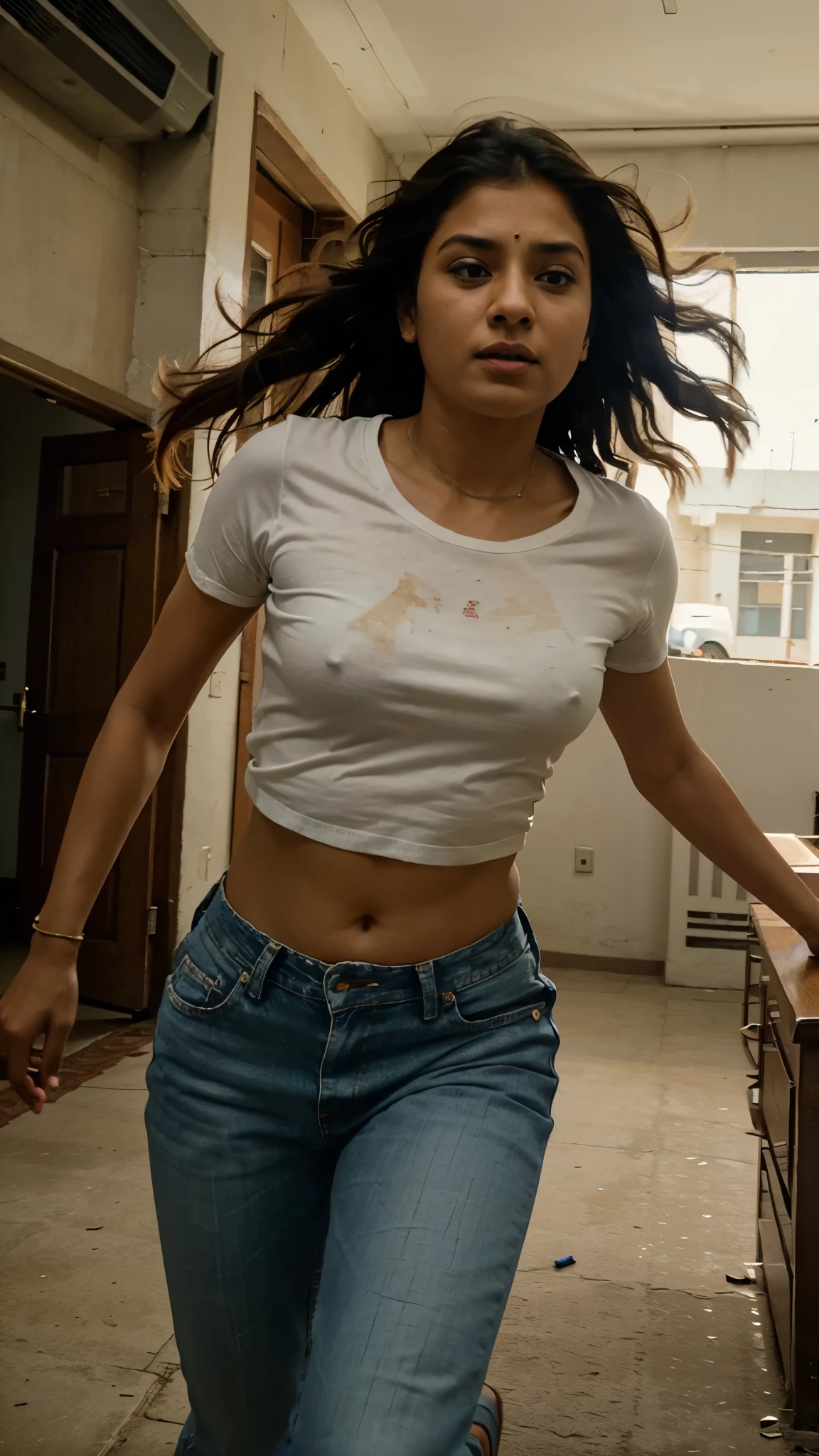 Indian acting class, entered the wrong room by mistake, white t-shirt and jeans, Indian police gypsy drift, girl running near the gypsy in slow motion, cinematic look, cinematic shots, flight flying from above, low angle camera