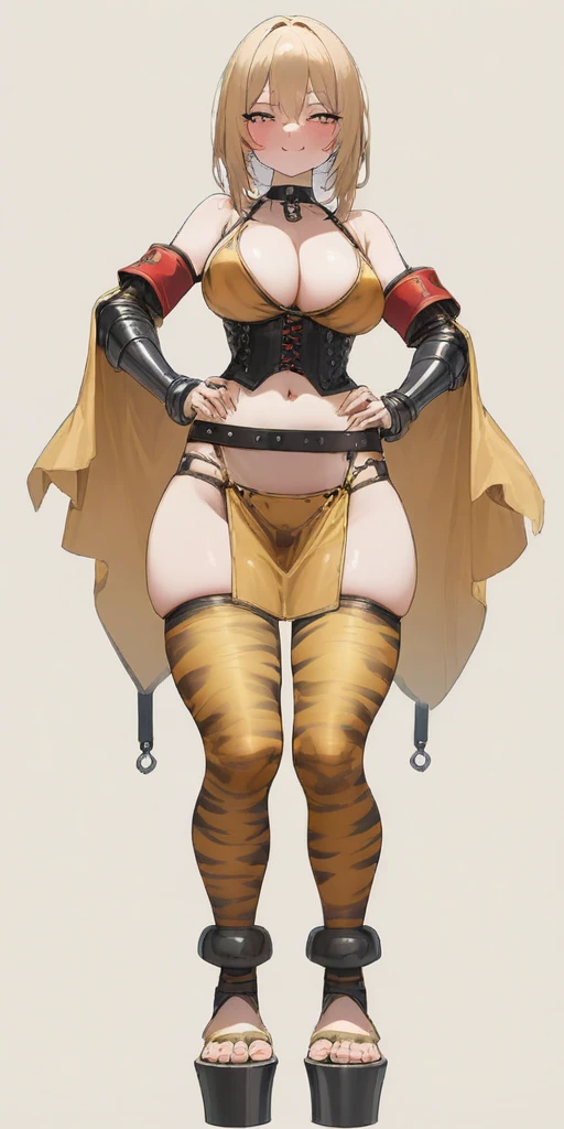 ((Masterpiece, plain background,1:2, masterpiece)) full body standing with separate yellow tiger print stockings thighs and sleeves, yellow tiger bikini print, hands on waist, navel, lustful smirking smiling, smile face (red blushed, red cheeks) armbands, black leather choker slave collar, metal sandals, big knockers, cleavage, separate sleeves, leather corset, hands on hips, shackles bracelets, slave red crest, loincloth standing, metal sandals, big belt, view from below, feet together, bracers, standing contrapposto straight symmetrical looking to viewer
