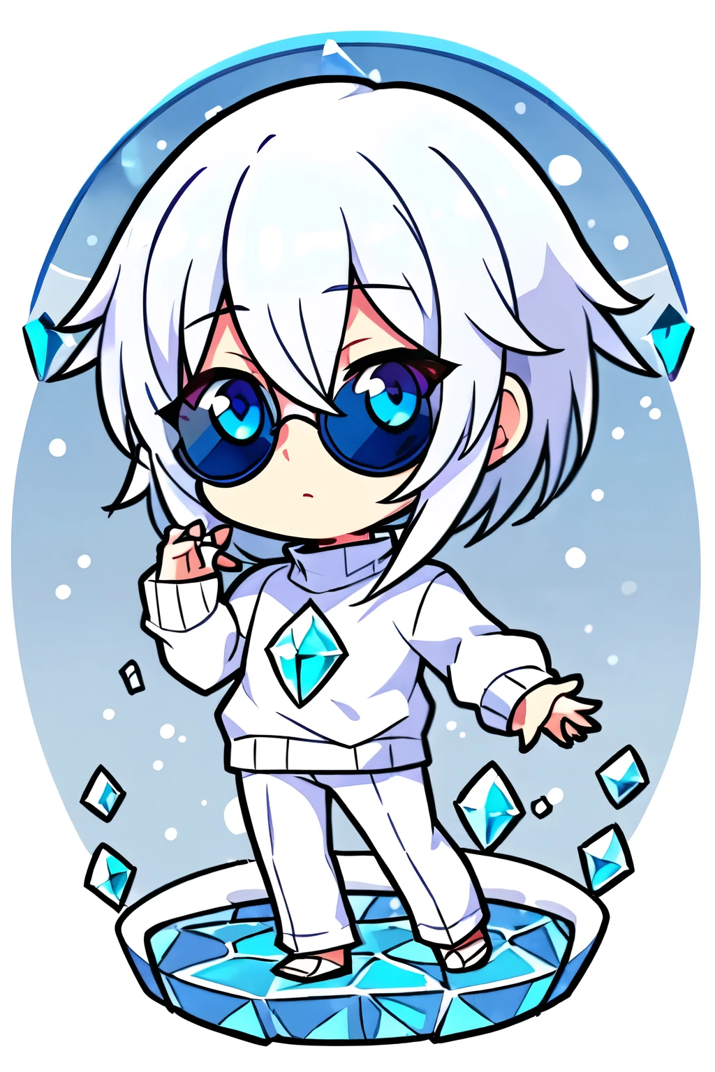 Full body, childish, handsome, 1boy, anime, snow-white hair, blue crystal sapphire eyes, sweater, blue cyrcled sunglasses