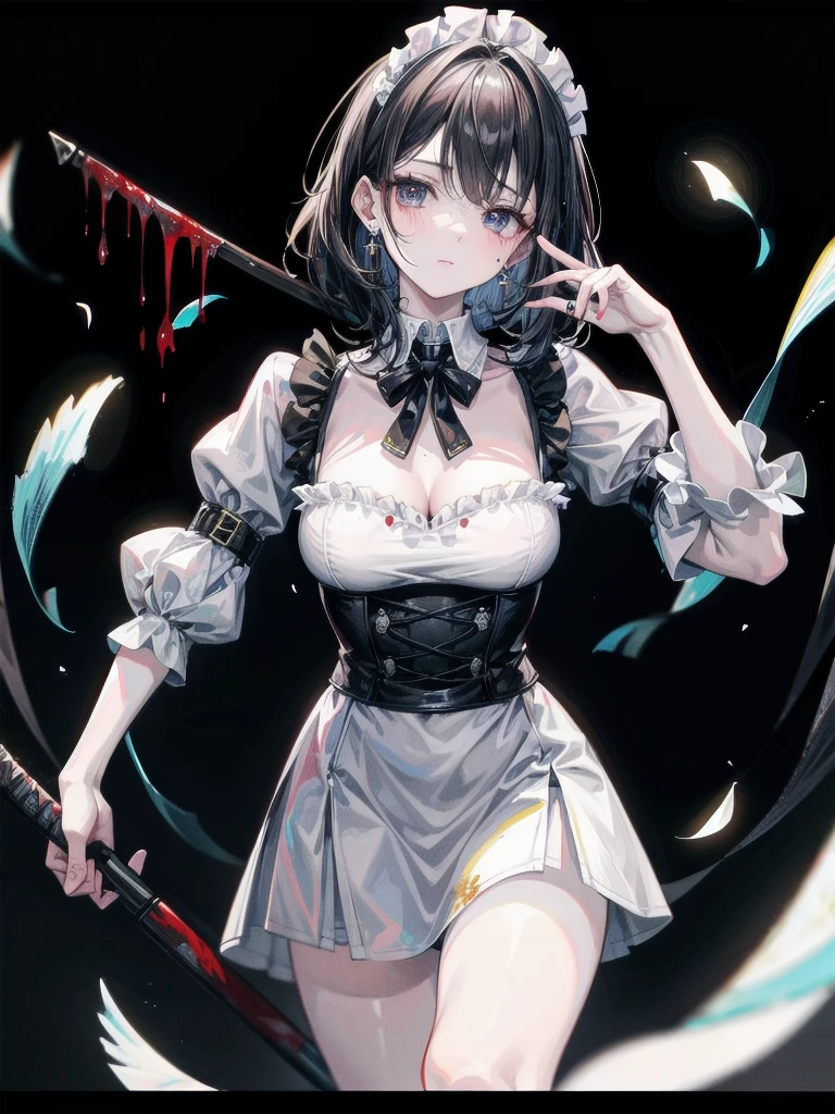 whole body, The sickly maid holding a bloody axe, Stained with blood spattered at close range, Blood stains left after the splash, absurdres, RAW photo, extremely delicate and beautiful, masterpiece, Best Quality, ultra high resolution, 32k, hyperrealistic, ultra-detailed description, pale skin, 20 years old, detailed beautiful face and eyes, tearful mole, earring, Colossal tits, short medium wavy hair,