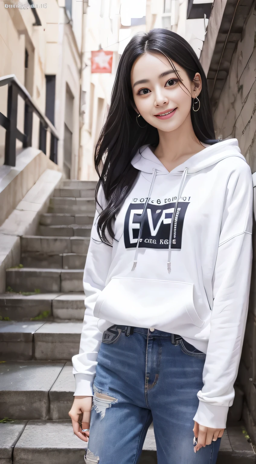 highest quality、8K、Clear Beauty、smile、hoodie、Black Hair、Chest、Ear piercing、
Stairs in the background
