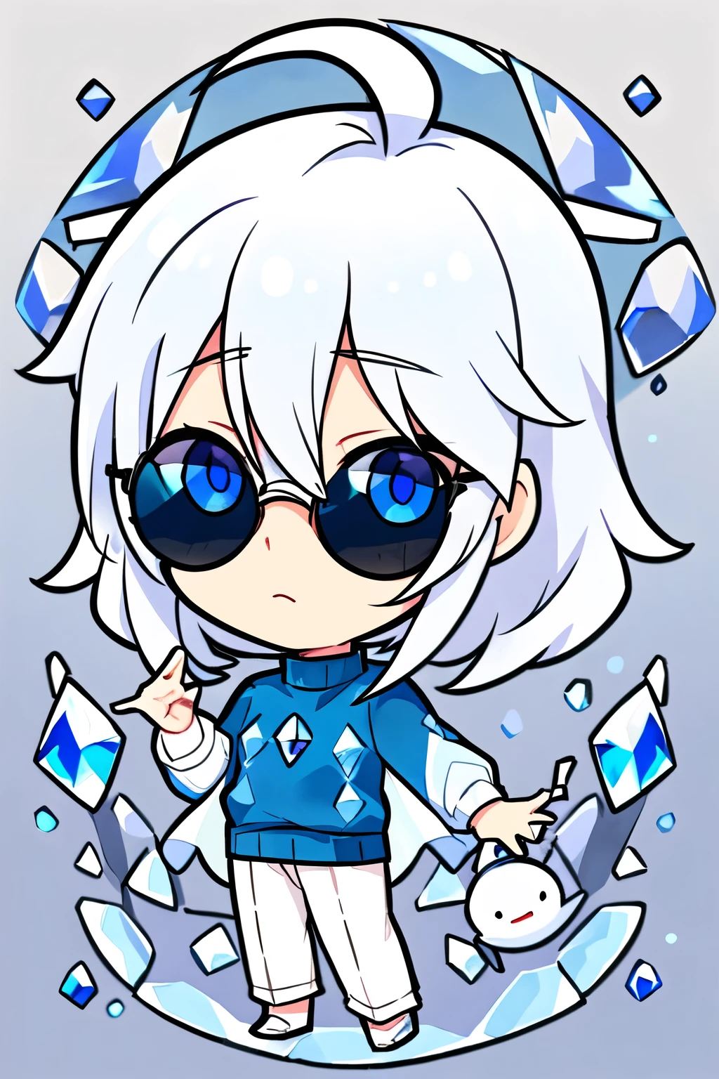 Full body, childish, handsome, 1boy, anime, snow-white hair, blue crystal sapphire eyes, sweater, blue cyrcled sunglasses