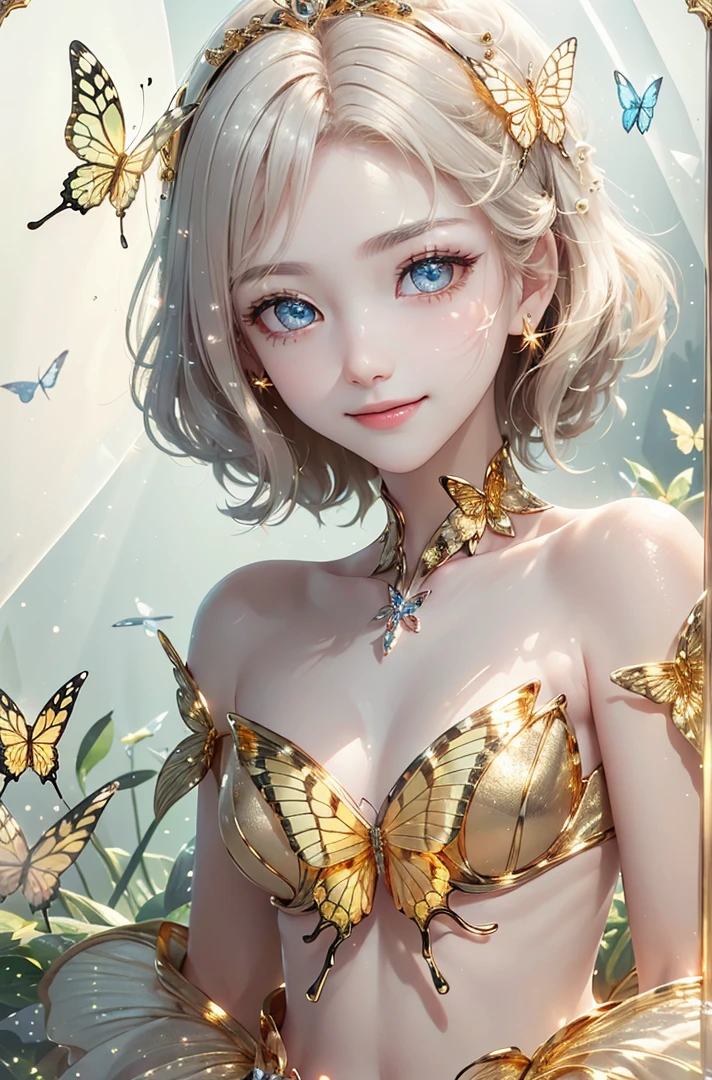 (masterpiece、highest quality、highest quality、Beautiful and beautiful:1.2)、(Good anatomy:1.5)、Focus on the eyes、Painting of a girl with milky white hair、Gold butterfly costume、Jewelry Tiara,Gold butterfly wings,Adorable smile、My eyes on you、Diffuse reflection of light、earth light,Flower of the Earth,Pearl Light