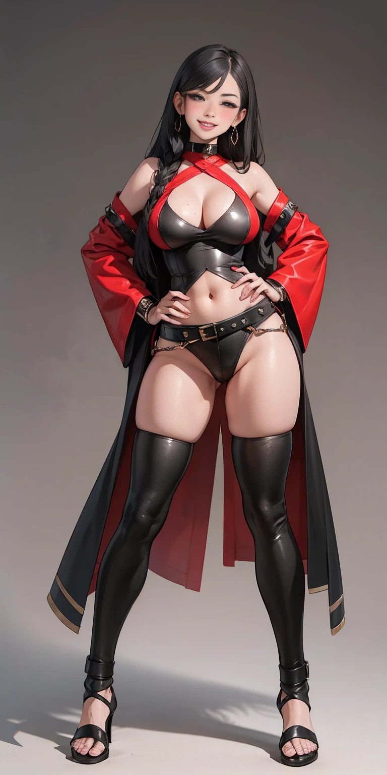 ((Masterpiece, plain background,1:2, masterpiece)) full body standing with separate yellow tiger print stockings thighs and sleeves, yellow tiger bikini print, hands on waist, navel, lustful smirking smiling, smile face (red blushed, red cheeks) armbands, black leather choker slave collar, metal sandals, big knockers, cleavage, separate sleeves, leather corset, hands on hips, shackles bracelets, slave red crest, loincloth standing, metal sandals, big belt, view from below, feet together, bracers, standing contrapposto straight symmetrical looking to viewer