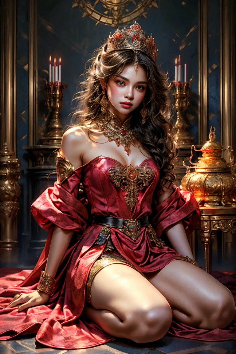 Black Armored Woman，Long hair，Hold the advanced sword in the right hand，Armor fighting scene，Very cute face，Very slim的身材，Very slim，Small waist，Super perfect，Perfect big round breasts，Smooth skin，Silky hair，blue eyes，************，Red robe，Blue headscarf princess crown，Luxurious golden pattern armor，Blonde，fighting style，Red lips，blush，Erect nipples，Energetic，红blue eyes，Strong gaze，Seductive eye contact，Bright red iris，Shining deep blue stars，Sparkling eyes，Vibrant colors，(Knee Shot:1.5), (Facing forward:​​1.5)，Fantasy Art，Beautiful illustrations，(Natural side light，Cinema Lighting)，Looking at the audience，Upper Body，Highest quality，8K，high resolution，(masterpiece:1.2)，Ultra Detailed，(front:1.9)，(lifelike，Reality:1.6)