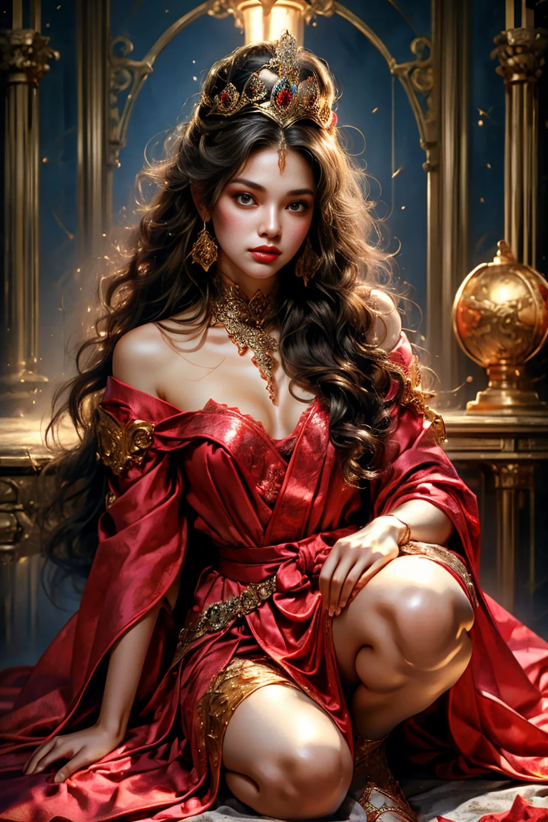 Black Armored Woman，Long hair，Hold the advanced sword in the right hand，Armor fighting scene，Very cute face，Very slim的身材，Very slim，Small waist，Super perfect，Perfect big round breasts，Smooth skin，Silky hair，blue eyes，************，Red robe，Blue headscarf princess crown，Luxurious golden pattern armor，Blonde，fighting style，Red lips，blush，Erect nipples，Energetic，红blue eyes，Strong gaze，Seductive eye contact，Bright red iris，Shining deep blue stars，Sparkling eyes，Vibrant colors，(Knee Shot:1.5), (Facing forward:​​1.5)，Fantasy Art，Beautiful illustrations，(Natural side light，Cinema Lighting)，Looking at the audience，Upper Body，Highest quality，8K，high resolution，(masterpiece:1.2)，Ultra Detailed，(front:1.9)，(lifelike，Reality:1.6)