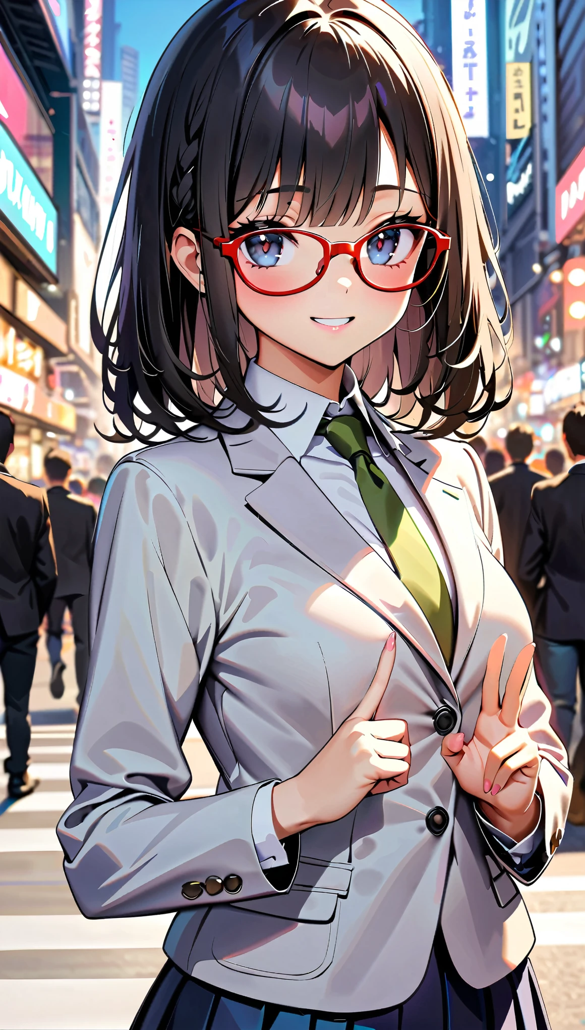 (highest quality:1.2, Very detailed, Ultra-high resolution, masterpiece:1.2, highest quality, Best aesthetics), (((1 girl))), Beautiful woman, , jk, blazer, Collared shirt with green tie, Pleated skirt, (Black Hair, Braided Hair, Red frame glasses), Reflection of light, translucent, Fascinating, (peace sign:1.4), Watery eyes, Detailed eyes, Delicate, dream-like, Surreal, Shibuya, Scramble crossing, People passing by々, smile, Soft Light, Elegant gestures, Shallow depth of field, Bokeh:1.2.
