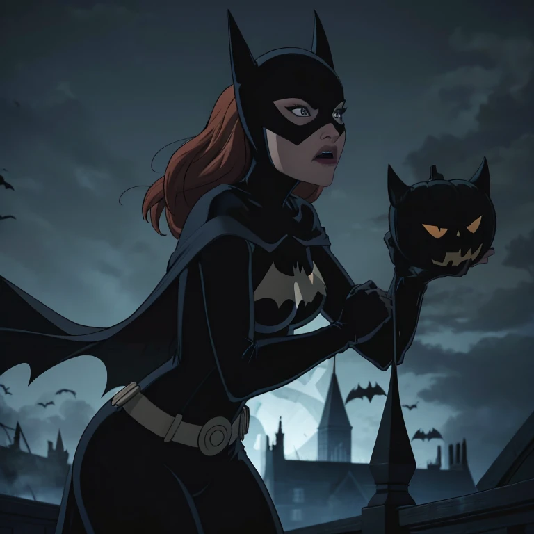 (best quality,4k,highres,masterpiece:1.2),ultra-detailed,(realistic,photorealistic,photo-realistic:1.37),batman and batgirl halloween, batgirl giving batman a Halloween pumpkin with face of joker on it, happy batgirl, angry batman, standing, side view, full body, medium:oil painting, gothic style, dark atmosphere, intense shadows, vibrant colors, glowing eyes, spooky background, bats flying, misty ambiance, flickering candlelight, dramatic composition, mystical aura