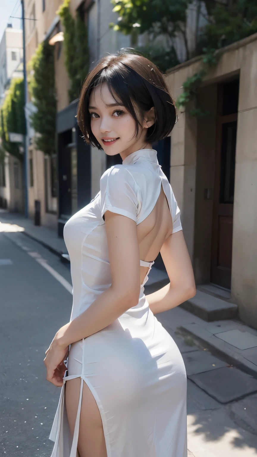 ((Composition from the thighs up)), (((Backwards:2.0, Point your buttocks towards the camera:2.0, Accentuate your butt:2.0, Standing posture:1.5, Backwards:2.0))), (((Clothing:2.0, Maxi-length Ao Dai:2.0, sneakers:1.8))), ((Modern urban streetscape:1.5)), 1 Girl, solo, ((Short Hair:1.2, A grin:1.2)), 18-year-old, 7 heads, Ideal body proportions, Black Hair, With bangs, Small breasts, slender, Small Ass, Beautiful feet, Skinny Legs, Surrealism, Cinematic Lighting, Depth of written boundary, First Person View, F/1.8, 135mm, Ticker, Mastepiece, Curate, ((Anatomically correct:1.3)), Textured skin, Super Detail, High detail, High quality, Awards, Best Quality, High resolution, 8K