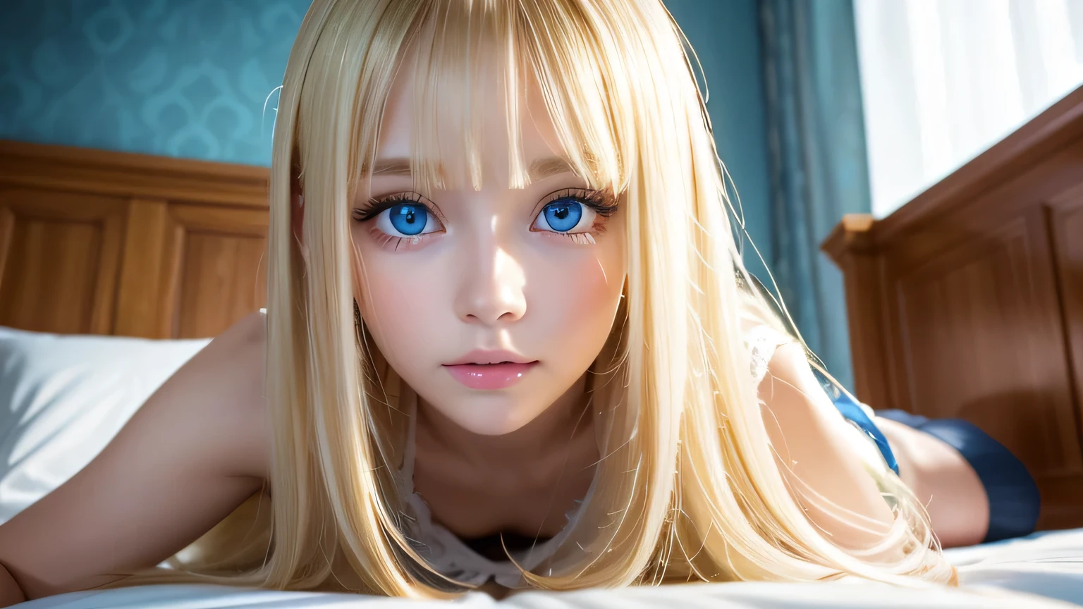 A very white and beautiful 20-year-old blonde girl、Mastepiece, Best Quality, Illustration, Ultra-detailed fine details, Natural platinum blonde with a natural shine、Super long straight silky hair、Super long Rapunzel hair、disheveled bangs above the eyes,、Bangs that cover the face、Hair worn in front、High resolution, 8K Denden Wallpaper, Perfect dynamic composition, Beautifully detailed large light blue eyes , Very big eyes、of hotel(Bed)、Small Face Beauty、Round face、On all fours、Double eyelids