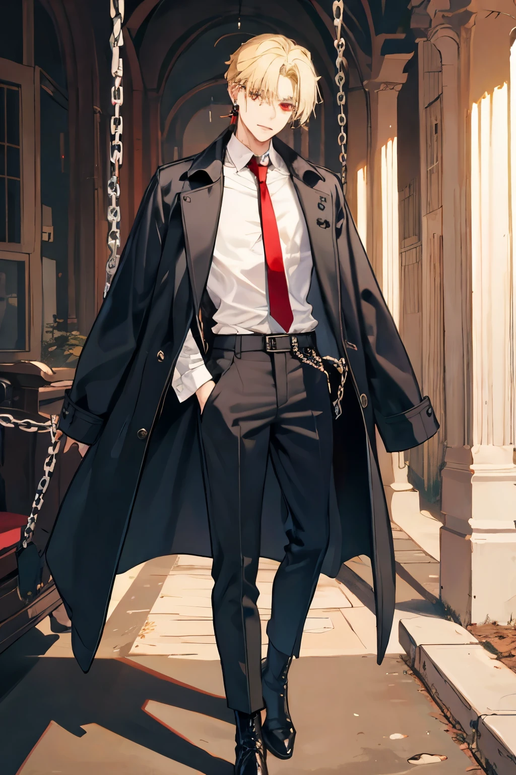 male!!
Appearance:Blonde hair,Dark yellow,Tie a small knot at the back,Not long;Black diamond earrings on the right ear;Red eyes;Tattoo on left arm:White shirt with one or two buttons unbuttoned;There is a coat;Black casual pants;Black high top martin boots;A chain is hung at the waist of the pants as a decorative touch:Laziness,arrogant