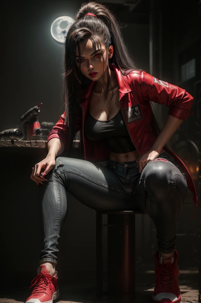 (Sci-fi fantasy), (masterpiece), (Professional Oil Painting) (highest quality), (8k resolution), (1 beautiful girl), ((Pale grey skin)), (Iron grey skin), ((Jeans Clothes)),(Red jacket)), ((Black t-shirt underneath), ((Red lipstick)), ((Black sneakers)), (Concept Art), Small box, (Long Hair), (Messy Hair), (Gray Hair), (Iron-gray hair), ((With futuristic weapons)), (ammunition), ((Moonlight at night)), (Sit down and think))