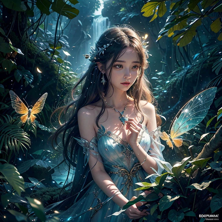 Fantastic snow and ice jungle,Many scattered crystal trees、Accessories、Shine in the center,Beautiful transparent flowers, Transparent colorful wings, The wand flutters in the wind、The wand flashed with starlight,Golden wand,transparent feathers,fanciful、Starskrim、cleanness、glimmering、Shineagnifica、Verdant、Light、with light glowing,Magic pictures,Delicate leaves and branches are surrounded by fireflies(nature elements),(Jungle theme),(Foliage),(tree branch),(glowworm),(Particle effect),Masterpiece, Super detailed, Epic composition, Highest quality, 8K,Epic romantic fantasy digital art,Epic fairy tale fantasy digital art,Mythological fantasy,tmasterpiece,high qulity,8K,UHD resolution,Detailed detail drawing,realisticlying,Very realistic,cinmatic lighting,an award winning photograph,rich colours,hyper realistic lifelike texture,dramatic lighting