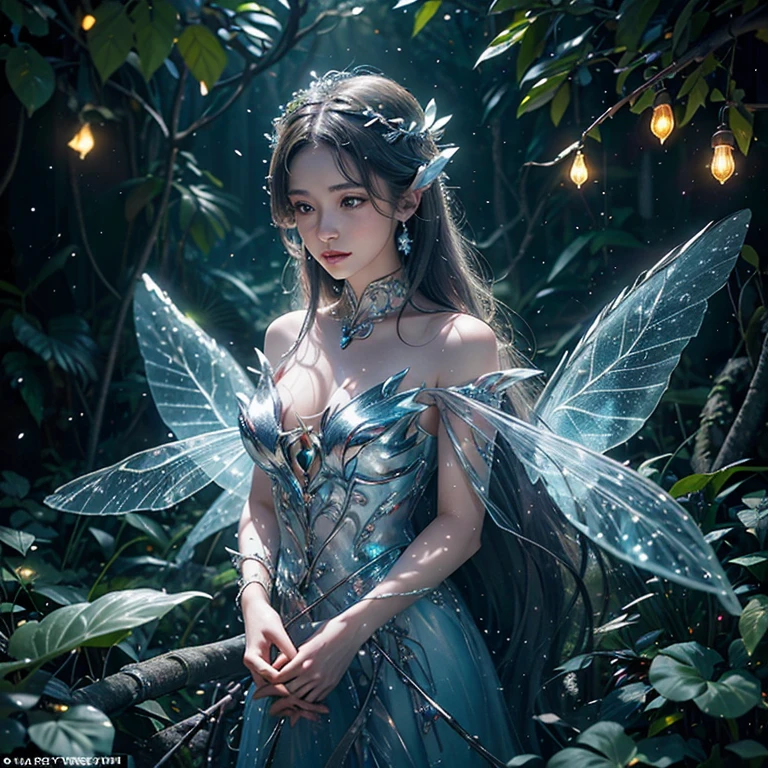 Fantastic snow and ice jungle，Many tered crystal trees、Accessories、Shine in the center，Beautiful transparent flowers, Transparent colorful wings, The wand flutters in the wind､The wand flashed with starlight，Golden wand，transparent feathers，fanciful、Starskrim、cleanness、glimmering、Shineagnifica、Verdant、Light、with light glowing，Magic pictures,Delicate leaves and branches are surrounded by fireflies（nature elements），（Jungle theme），（Foliage），（tree branch），（glowworm），（Particle effect），Masterpiece, Super detailed, Epic composition, Highest quality, 8K，Epic romantic fantasy digital art，Epic fairy tale fantasy digital art，Mythological fantasy，tmasterpiece，high qulity，8K，UHD resolution，Detailed detail drawing，realisticlying，Very realistic，cinmatic lighting,an award winning photograph,rich colours，hyper realistic lifelike texture，dramatic  lighting