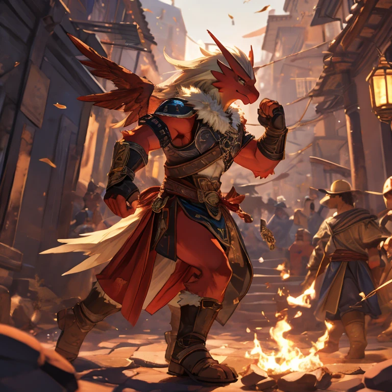 top quality, high-quality illustrations, the beautiful depiction of light seen in Vermeer's works, Landscapes inspired by biblical themes depicted by Leonardo da Vinci((masterpiece))absurdres, Perfect Anatomy, blaziken, full body, smoke, magic(Fighting Pose)((dramatic))epic, motion blur, depth of field, bokeh, 4k,