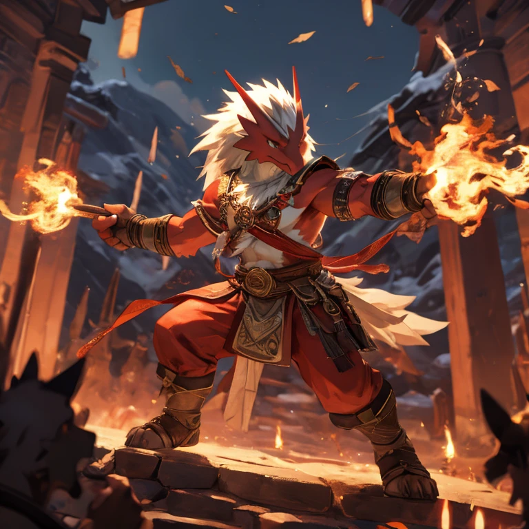 top quality, high-quality illustrations, the beautiful depiction of light seen in Vermeer's works, Landscapes inspired by biblical themes depicted by Leonardo da Vinci((masterpiece))absurdres, Perfect Anatomy, blaziken, full body, smoke, magic(Fighting Pose)((dramatic))epic, motion blur, depth of field, bokeh, 4k,