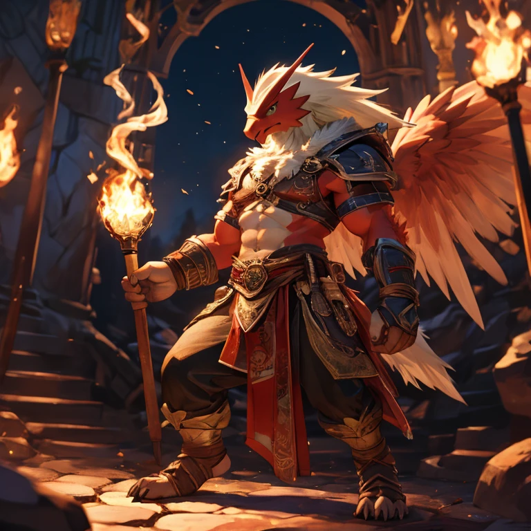 top quality, high-quality illustrations, the beautiful depiction of light seen in Vermeer's works, Landscapes inspired by biblical themes depicted by Leonardo da Vinci((masterpiece))absurdres, Perfect Anatomy, blaziken, full body, smoke, magic(Fighting Pose)((dramatic))epic, motion blur, depth of field, bokeh, 4k,