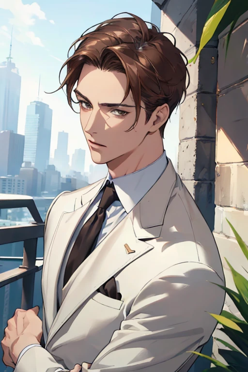 ((masterpiece:1.2, best quality)), 4k, 1man, adult, mature, handsome, very short hair, forehead, white suit, portrait, extremely detailed face, defined body, light brown eyes, brown hair (muscle:1.4, broad shoulders:1.4, disciplined body)