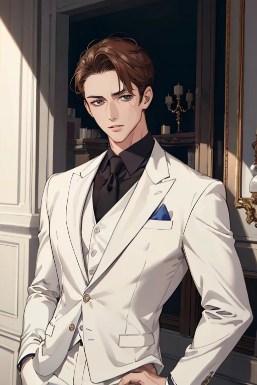 ((masterpiece:1.2, best quality)), 4k, 1man, adult, mature, handsome, very short hair, forehead, white suit, portrait, extremely detailed face, defined body, light brown eyes, brown hair (muscle:1.4, broad shoulders:1.4, disciplined body)