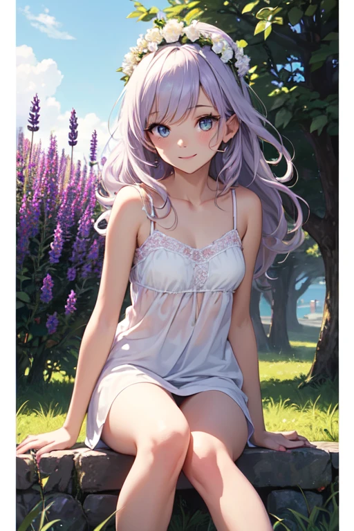Very cute and beautiful girl wearing a white flower crown,White camisole、Pink itting cross-legged、
(Very exquisite beautiful face and eyes:1.2),(Lavender Garden),stone path,Distant Sea,Beautiful summer sky,
(Mid Shot:1.15),Leg details,smile、Dynamic Angle,View your viewers,
(highest quality,masterpiece:1.2),(Intricate details),1 girl,alone,High resolution,Natural light,Hair blowing in the wind,