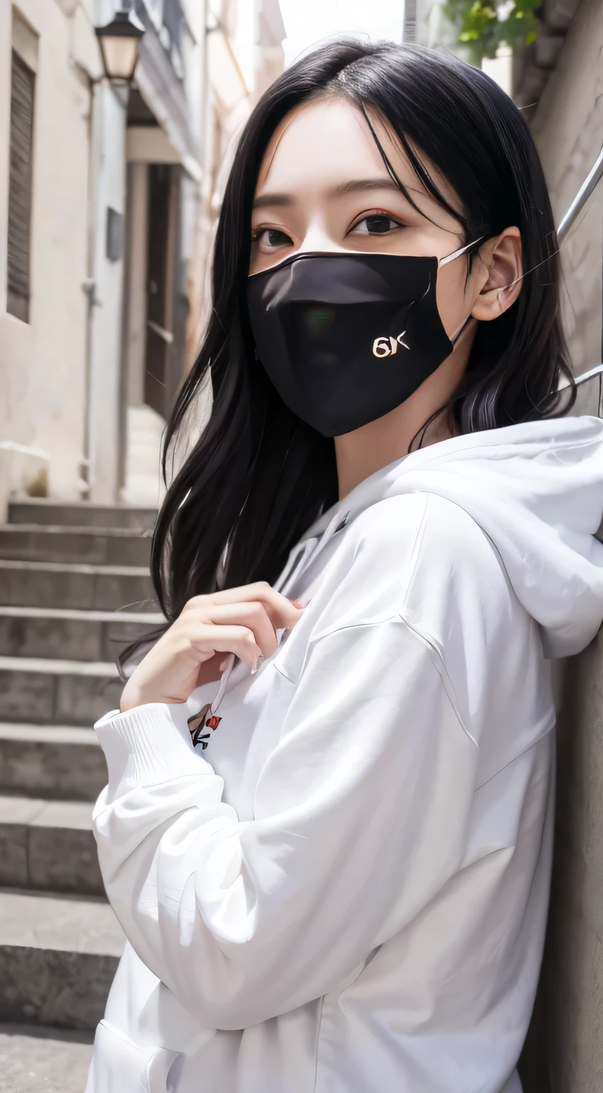 highest quality、8K、Clear Beauty、smile、hoodie、Black Hair、Chest、Ear piercing、
Stairs in the background、Mask on mouth