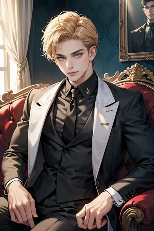 (tmasterpiece, high resolution, ultra - detailed:1.0), (1boy, Young male), Perfect male body, Eyes look at the camera, Extremely detailed CG, Unity 8k wallpaper, Complicated details, solo person, Detailed face, (with short golden hair, Forehead exposed, Black suit, Black shirt, 3-piece-suit, Sit on the sofa in a luxurious room), (Evil smile),(Mafia), color difference, Depth of field, dramatic shadow, Ray tracing, Best quality, offcial art, Portrait,Dark wallpaper,
