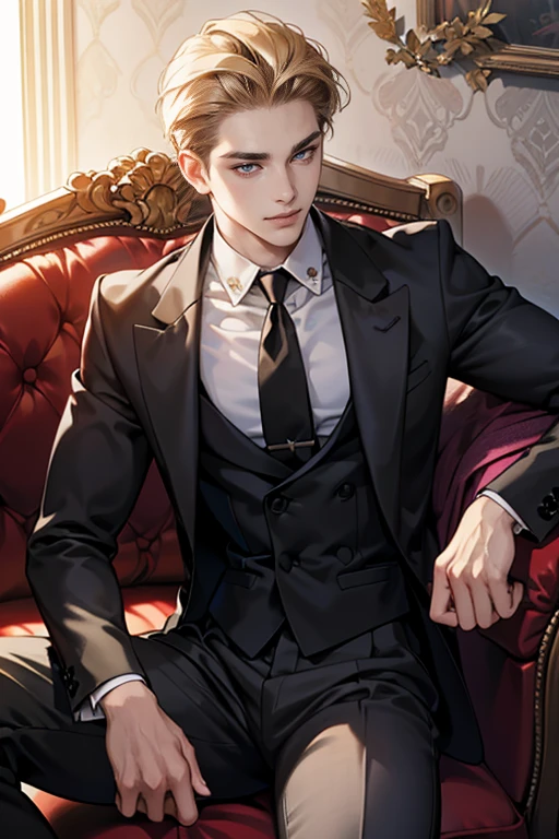 (tmasterpiece, high resolution, ultra - detailed:1.0), (1boy, Young male), Perfect male body, Eyes look at the camera, Extremely detailed CG, Unity 8k wallpaper, Complicated details, solo person, Detailed face, (with short golden hair, Forehead exposed, Black suit, Black shirt, 3-piece-suit, Sit on the sofa in a luxurious room), (Evil smile),(Mafia), color difference, Depth of field, dramatic shadow, Ray tracing, Best quality, offcial art, Portrait,Dark wallpaper,