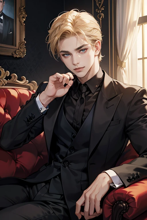 (tmasterpiece, high resolution, ultra - detailed:1.0), (1boy, Young male), Perfect male body, Eyes look at the camera, Extremely detailed CG, Unity 8k wallpaper, Complicated details, solo person, Detailed face, (with short golden hair, Forehead exposed, Black suit, Black shirt, 3-piece-suit, Sit on the sofa in a luxurious room), (Evil smile),(Mafia), color difference, Depth of field, dramatic shadow, Ray tracing, Best quality, offcial art, Portrait,Dark wallpaper,