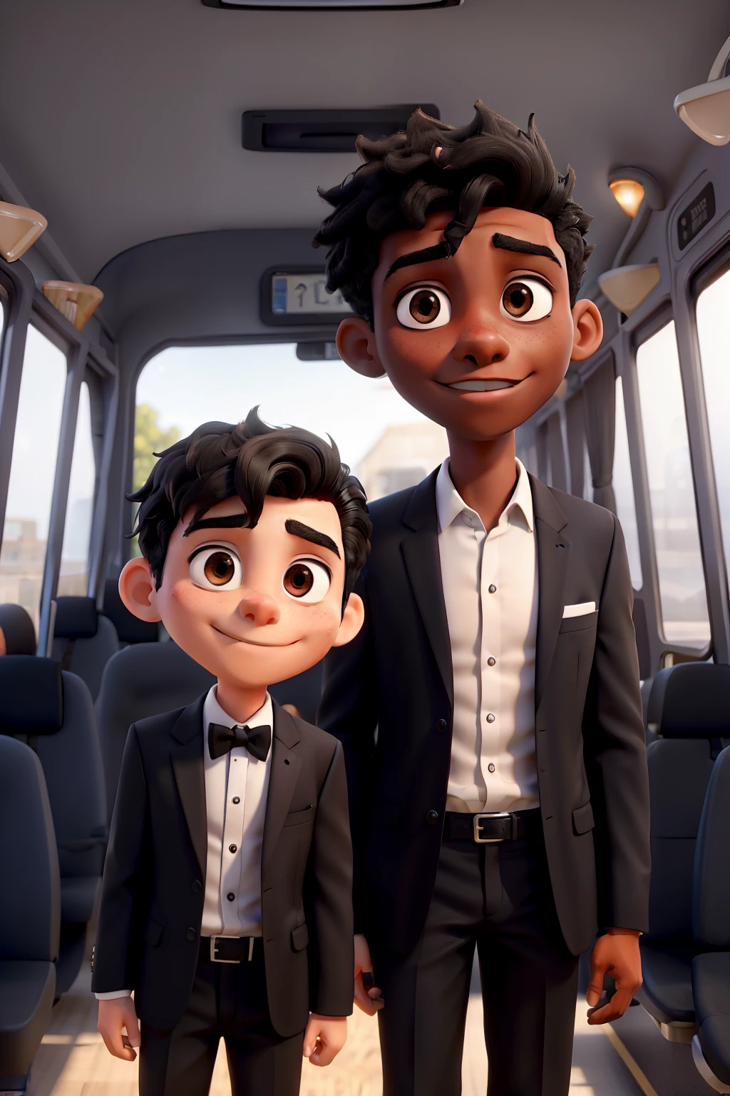 Make an image of a young man with black hair and a black dress next to a young man in a suit with brown skin and shaved hair inside the bus 
