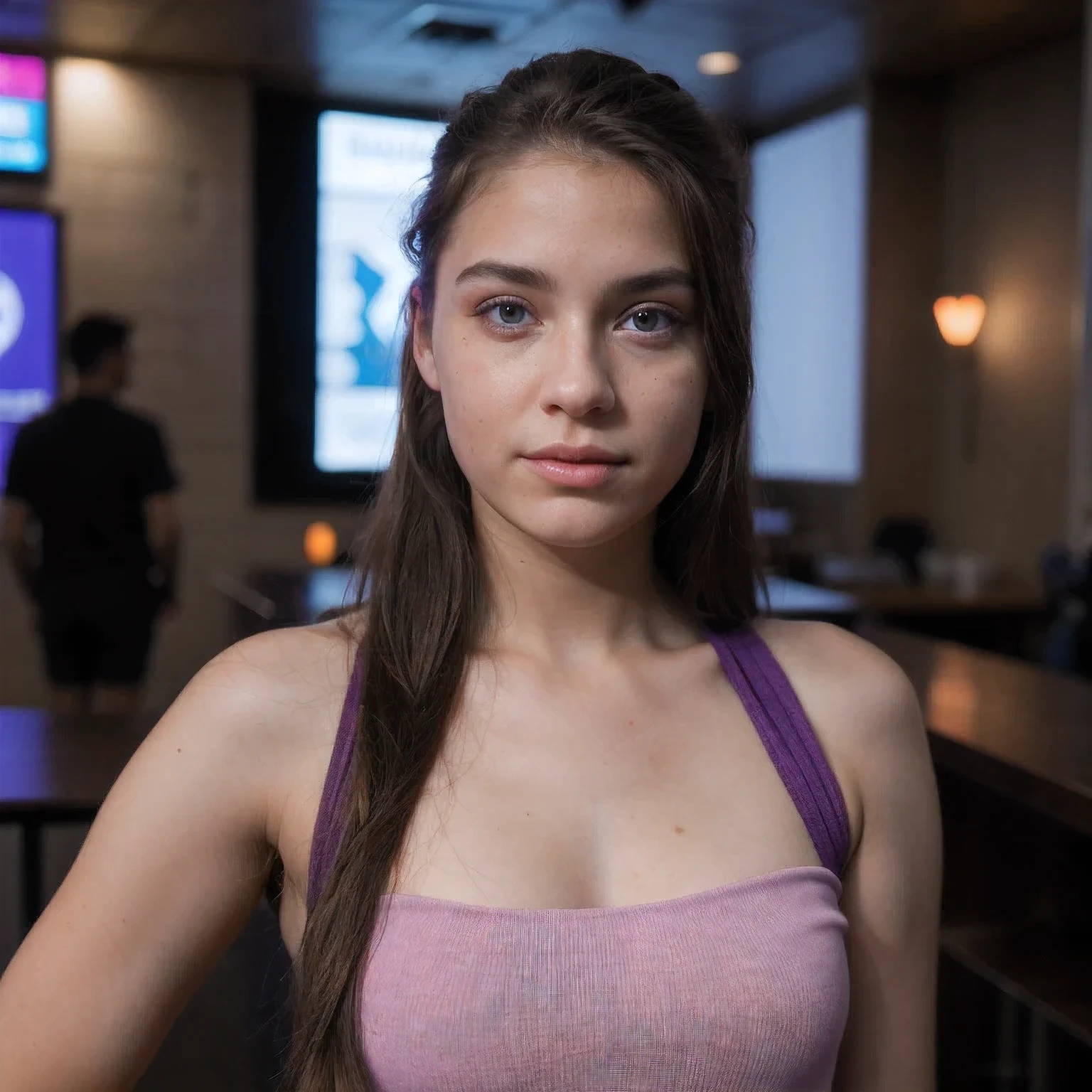 photo of a college student,, in Purple Pink, futuristic Coarse linen clothing, (freckles:0.8) cute face, sci-fi, dystopian, detailed eyes, cobalt blue eyes((Side view))Disco bar