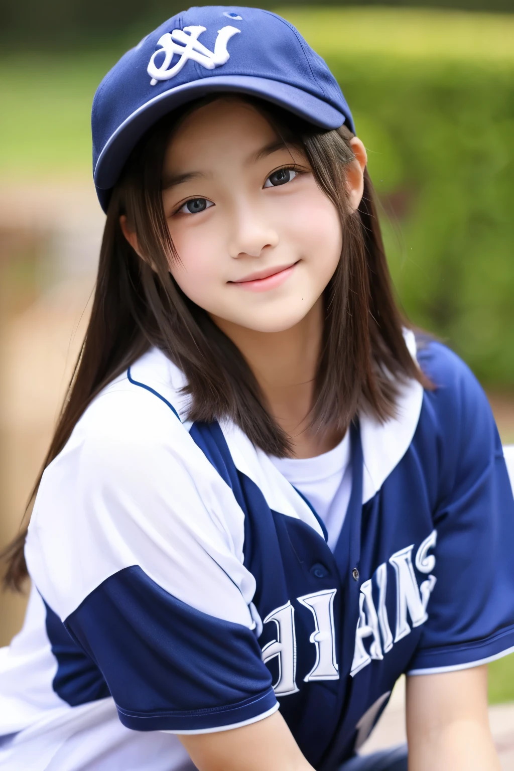 13 years old。smile、Beautiful eyes、Beautiful colored clothes、Baseball cap