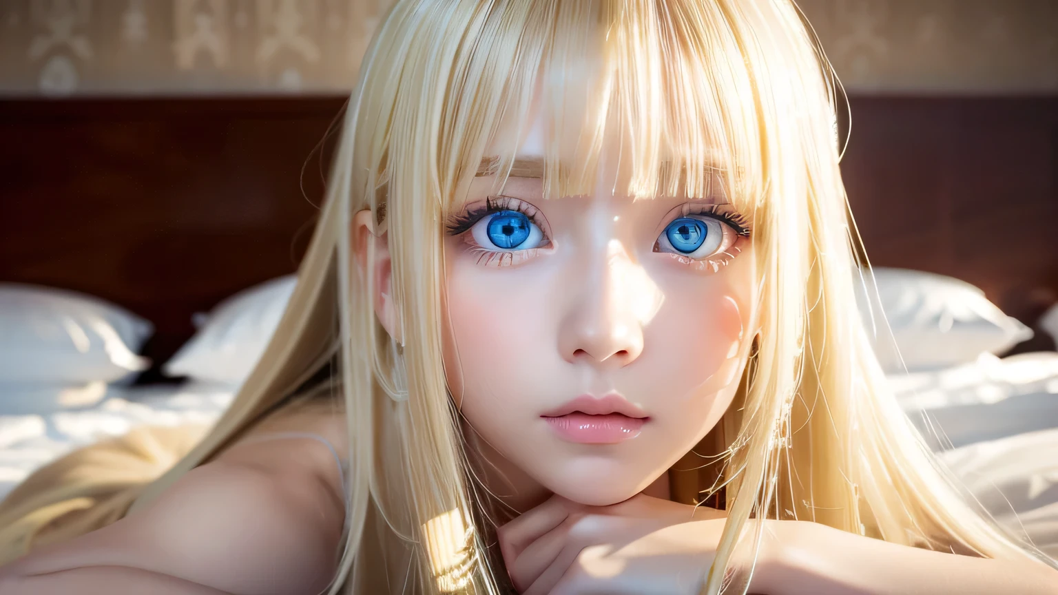 A very white and beautiful 20-year-old blonde girl、Mastepiece, Best Quality, Illustration, Ultra-detailed fine details, Natural platinum blonde with a natural shine、Super long straight silky hair、Super long Rapunzel hair、disheveled bangs above the eyes,、Bangs that cover the face、Hair worn in front、High resolution, 8K Denden Wallpaper, Perfect dynamic composition, Beautifully detailed large light blue eyes , Very big eyes、of hotel(Bed)、Small Face Beauty、Round face、On all fours、Double eyelids